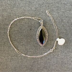 Sterling Silver Marcasite Marquise Shape Black Onyx Cabochon Pendant  24” Chain